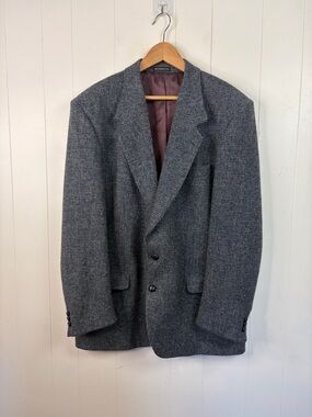 Vintage Harris Tweed Mens Blue Gray Herringbone Suit Jacket Wool sz 44 Long 44L